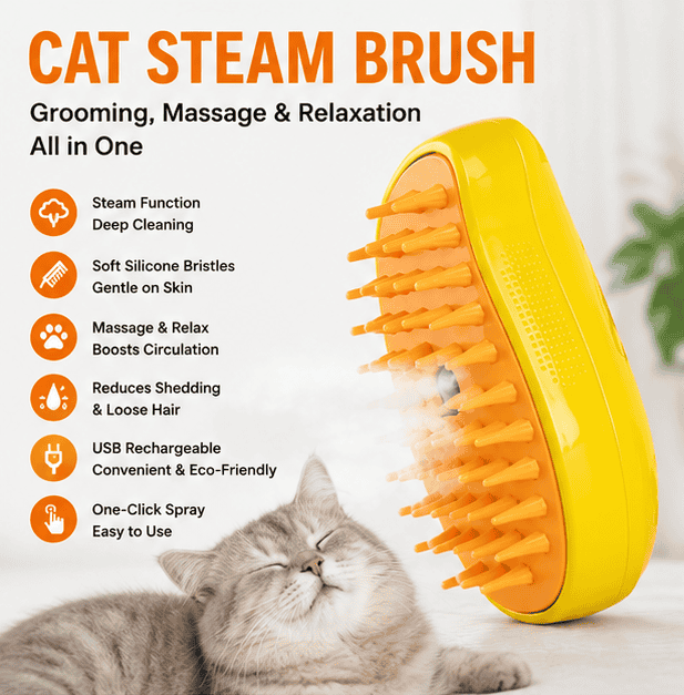 Steam Brush for Dogs & Cats – USB Rechargeable Pet Grooming & Massage Brush with Steam Spray
