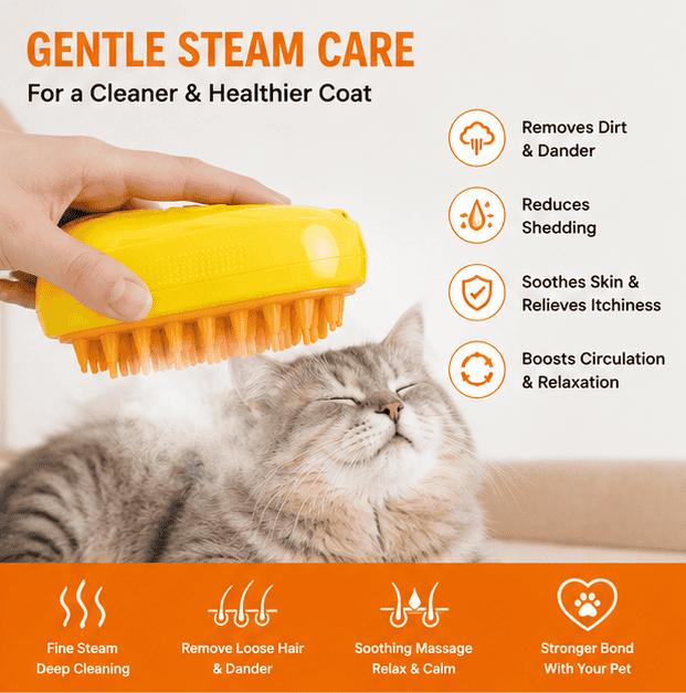 Steam Brush for Dogs & Cats – USB Rechargeable Pet Grooming & Massage Brush with Steam Spray