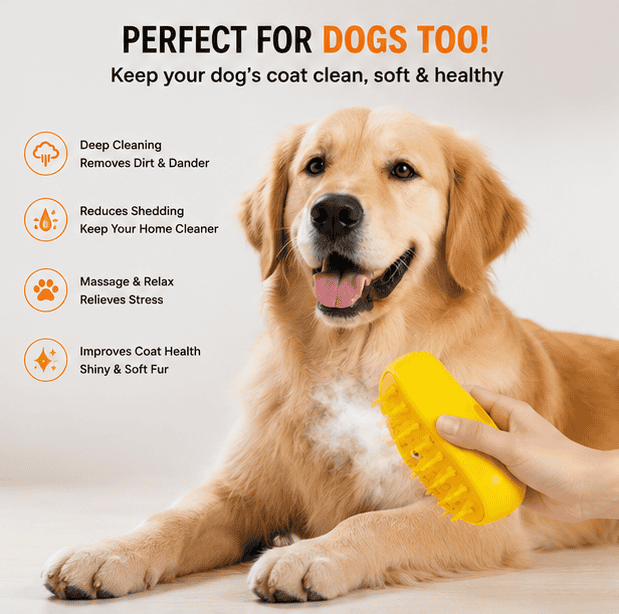 Steam Brush for Dogs & Cats – USB Rechargeable Pet Grooming & Massage Brush with Steam Spray