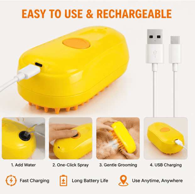 Steam Brush for Dogs & Cats – USB Rechargeable Pet Grooming & Massage Brush with Steam Spray