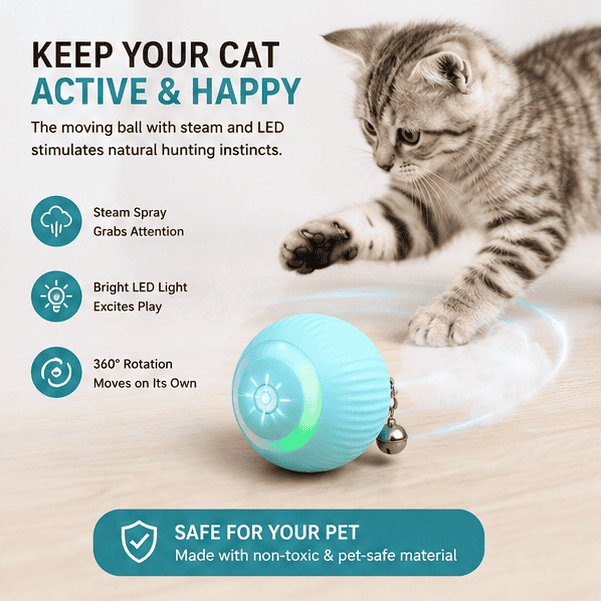 Rotating Cat Toy Ball with LED – Interactive Rechargeable Cat Toy